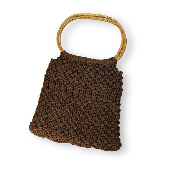 Chocolate Brown Crochet Bag with Bamboo Handles - Picture 3 of 8